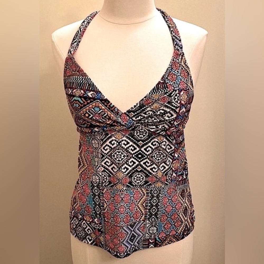 Mossimo Black Red White Aztec Print Halter Tankini Swim Top Size Medium